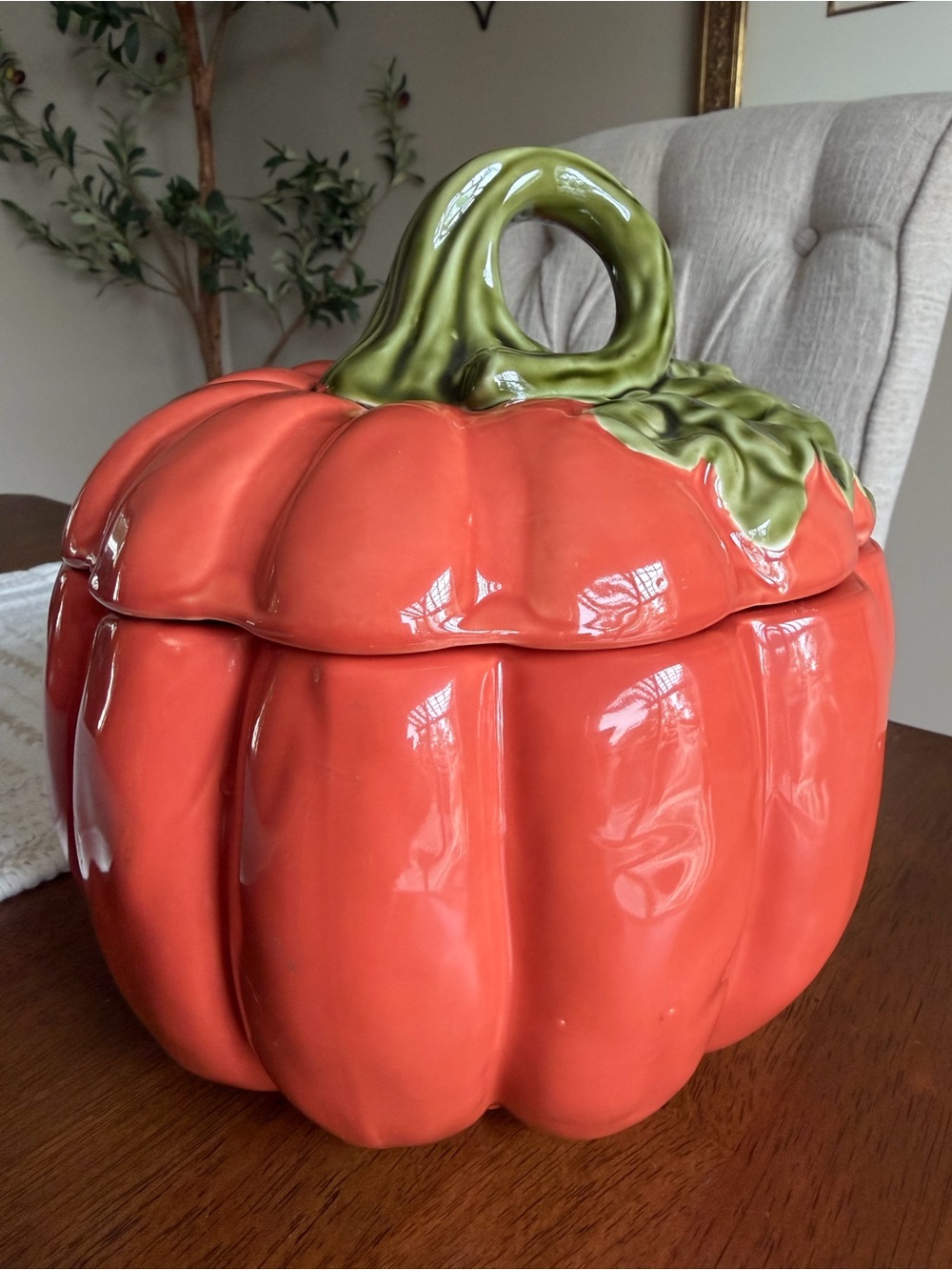 Better Homes And Gardens Glossy Orange Ceramic Pumpkin Jar with Green Accent